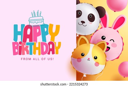 Happy birthday text vector template design. Character animals balloons for decoration elements with empty space for typography. Vector Illustration.