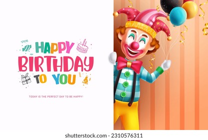 Happy birthday text vector template. Birthday greeting card with colorful clown mascot funny and happy character. Vector illustration party invitation dedication card.  