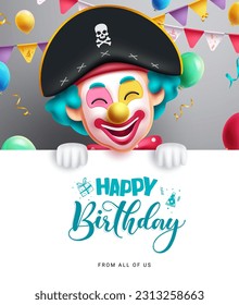 Happy birthday text vector template. Birthday greeting in empty white board with smiling clown and mascot character. Vector illustration for party invitation card design.