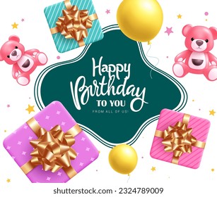 Happy birthday text vector template design. Birthday elements like gift box, teddy bear and balloons event decoration. Vector illustration greeting card background.