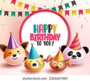 Diseño de plantillas de vector de texto de cumpleaños feliz. Saludo de cumpleaños en espacio blanco con animales y personajes emojis elementos de fiesta. Concepto de tarjeta de invitación de ilustración vectorial.
