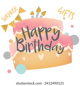 Diseño de plantillas de vector de texto de cumpleaños feliz. Saludo de cumpleaños en el espacio de círculo para la tipografía con elementos de decoración de fiesta de pasteles y globos en fondo de patrón. Ilustración vectorial.