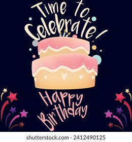 Happy birthday text vector template design. Birthday greeting in circle space for typography with cake and balloons party decoration elements in pattern background. Vector Illustration.