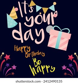 Diseño de plantillas de vector de texto de cumpleaños feliz. Saludo de cumpleaños en el espacio de círculo para la tipografía con elementos de decoración de fiesta de pasteles y globos en fondo de patrón. Ilustración vectorial.