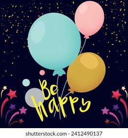 Diseño de plantillas de vector de texto de cumpleaños feliz. Saludo de cumpleaños en el espacio de círculo para la tipografía con elementos de decoración de fiesta de pasteles y globos en fondo de patrón. Ilustración vectorial.