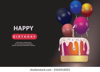 Happy birthday text vector template. Birthday cake with balloon and confetti element  illustration design background