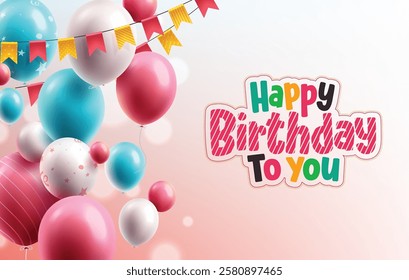 Happy birthday text vector template design. Birthday dedication and greeting card with flying balloons elements. Vector illustration party event and occasion background.
