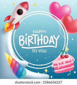 Happy birthday text vector template design. Birthday greeting card for kids party celebration with rocket, balloons, cake and horn elements. Vector Illustration.

