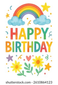 happy birthday text vector template with cute rainbow and flower