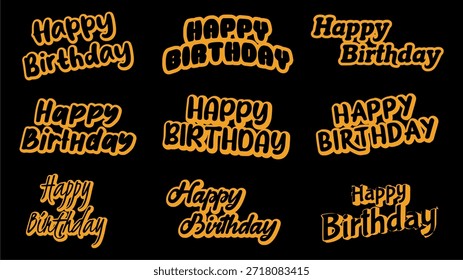 Plantilla de Vector de texto de feliz cumpleaños en naranja con contorno negro, ideal para tarjetas de celebración, obras de arte festivas y diseños EPS.