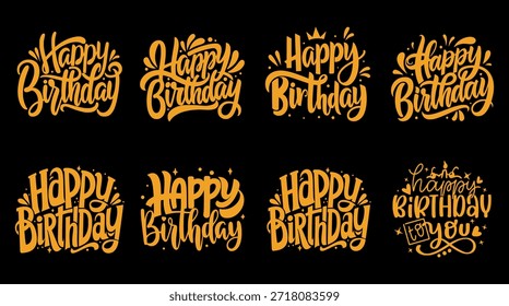 Happy Birthday text vector template in orange with festive decorations, ideal for celebration cards and EPS design files.