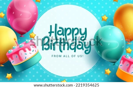 Happy birthday text vector template design. Birthday greeting in circle space for typography with cake and balloons party decoration elements in pattern background. Vector Illustration.