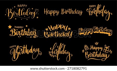 Happy Birthday text vector template in gold on black, ideal for celebration cards, festive artwork, and EPS design files.