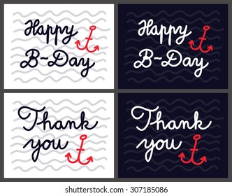 Happy Birthday and Thank you signs, cards in marina, sea style with anchor and waves in background.
