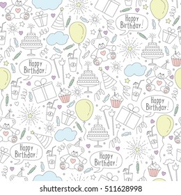 Happy birthday thematic seamless pattern with birthday balloons, cakes, candies and teddy bears 