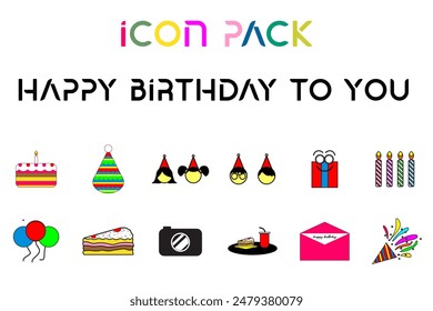 HAPPY BIRTHDAY THEME ICON PACK DESIGN, PARTY, CHILDREN, CELEBRATION.COLOURED