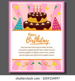 happy birthday theme poster with cake tower in flat style