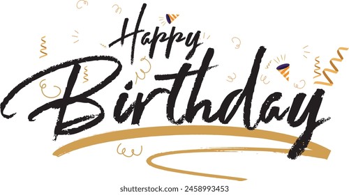 "¡Feliz cumpleaños! Esta tarjeta de felicitación cuenta con una impresionante caligrafía rayada, texto negro y brillantes estrellas doradas. Es un diseño dibujado a mano perfecto para invitaciones, estampados de camisetas, 