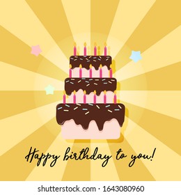 Happy Birthday three tier cake flat vector design card