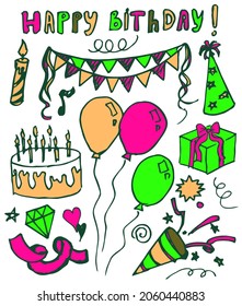 Happy birthday, title and hand drawn elements, cake and candles, balloons and traditional cap, flags and heart with diamond vector illustration