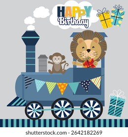 Happy Birthday Train with Animals and Gifts