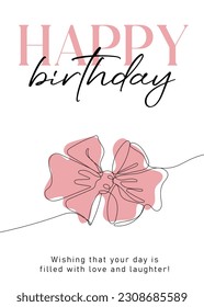 Happy Birthday. Trendy minimalist greeting card with one line drawing tied bow. Vector illustration