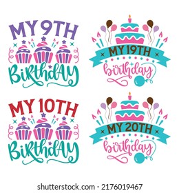 Happy Birthday T-shirt And SVG Design Bundle, Happy Birthday card design elements. Birthday party design for Vector graphic design. Vector EPS Editable File Bundle, can you download this bundle.