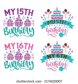Happy Birthday T-shirt And SVG Design Bundle, Happy Birthday card design elements. Birthday party design for Vector graphic design. Vector EPS Editable File Bundle, can you download this bundle.