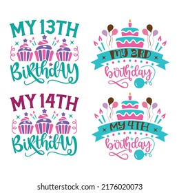 Happy Birthday T-shirt And SVG Design Bundle, Happy Birthday card design elements. Birthday party design for Vector graphic design. Vector EPS Editable File Bundle, can you download this bundle.