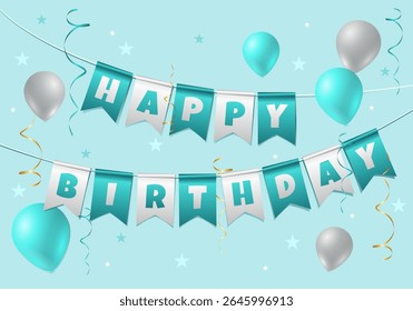 Happy Birthday turquoise greeting congratulation card with balloons, flags and confetti