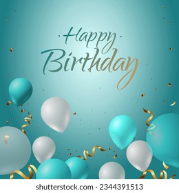 Happy Birthday turquoise invitation card with balloons and confetti. Template for birthday celebration