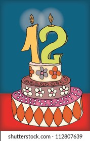 Happy Birthday twelve 12 year, fun celebration greeting card with number, text label 