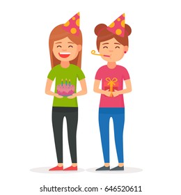 Happy Birthday. Two girls at the birthday party. Girl holding a cake and a gift. Happy girls having fun. Vector images in cartoon style