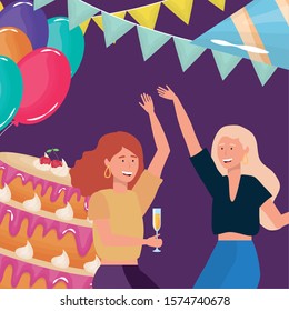 Happy Birthday, Two Woman With Cake Drink Bunting Flags Balloons Celebration Party Event Decoration Vector Illustration