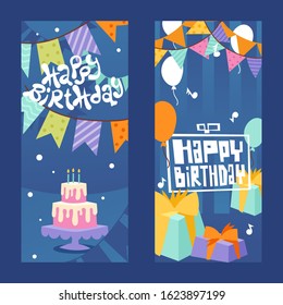 Happy birthday typographic banner, vector illustration. Greeting card lettering, birthday party invitation. Gift boxes, presents, balloons, flags and cake. Festive party decorations, flat style banner