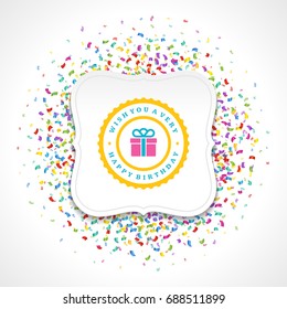 Happy birthday typographic for greeting card design vector illustration. Vintage birthday badge or label on colorful confetti background. 