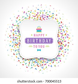 Happy birthday typographic for greeting card design vector illustration. Vintage birthday badge or label on colorful confetti background.