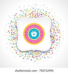 Happy birthday typographic for greeting card design vector illustration. Vintage birthday badge or label on colorful confetti background.