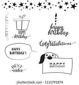 Happy Birthday typographic set. Vector design for greeting cards, print and cloths. Isolated lettering compositions
