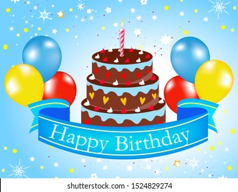 Happy Birthday Typographic text with a cake and Balloons - Vector