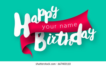 Happy Birthday Typographic vector design for greeting card, birthday card, invitation card with ribbon, isolated text, lettering composition. Vector Illustration eps.10