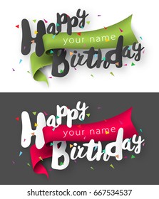 Happy Birthday Typographic vector design for greeting card, birthday card, invitation card with ribbon, isolated text, lettering composition. Vector Illustration eps.10