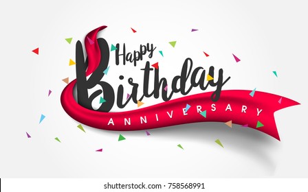 Happy Birthday Typographic vector design for greeting card, birthday card, invitation card with ribbon, isolated text, lettering composition. Vector Illustration eps.10