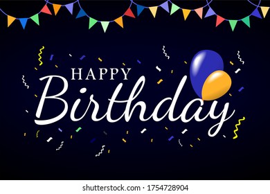 Diseño de vector de tipografía de cumpleaños feliz para tarjetas de felicitación y afiche con globos y confeti, plantilla de diseño para celebración de cumpleaños.