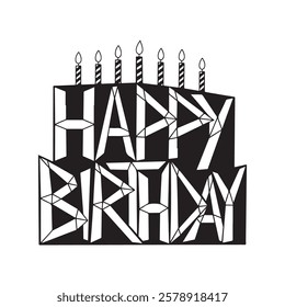 Happy birthday typography in a black cake illustration 