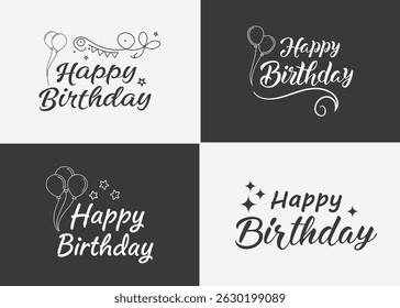 happy birthday typography black color vector design with birthday party element isolated on white background can be use for background, poster and template