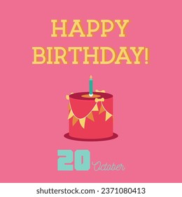 Happy Birthday typography card with a flat birthday cake
