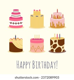 Tarjeta de tipografía feliz cumpleaños con pastel de cumpleaños plano