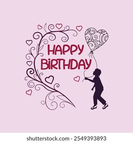 Happy Birthday typography design adorned with love hearts, ideal for greeting cards, party decorations, and digital artwork.