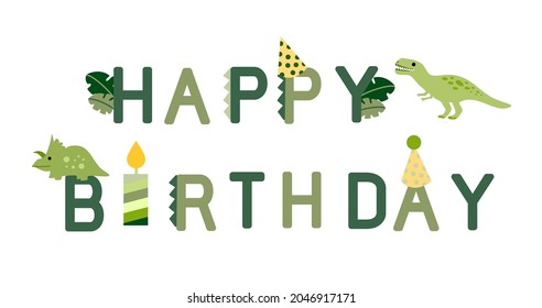 Happy birthday typography design with dinosaurs hand drawn in doodle style isolated on white background 
